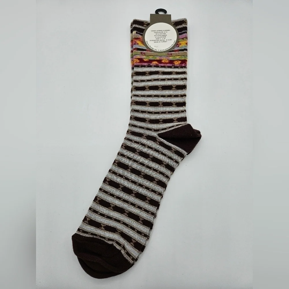 NWT Ozone Design CHOCOLATE BROWN Womens CANDY STRIPE  Socks -  Sz W 9-11 NOS
